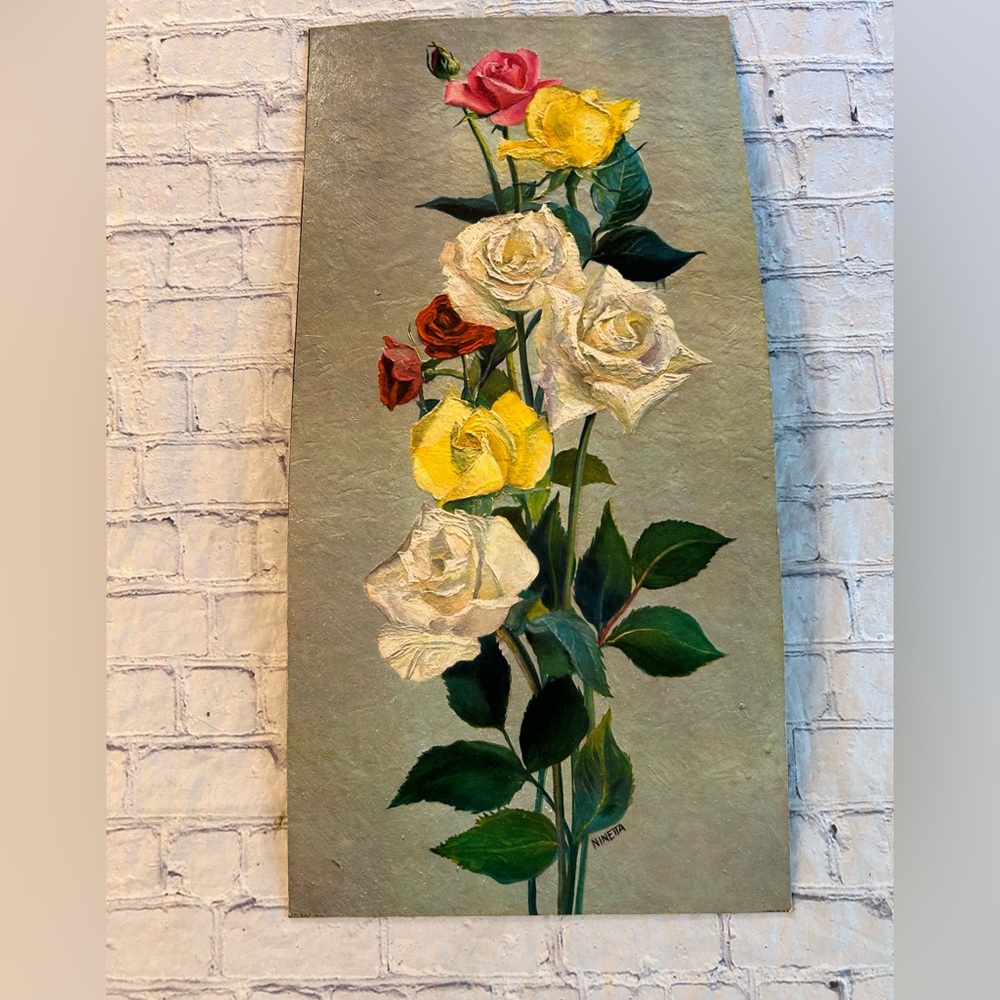 VINTAGE 1960’S FLORAL ROSES LITHO ART PRINT SIGNED BY NINETTA 12”x24”